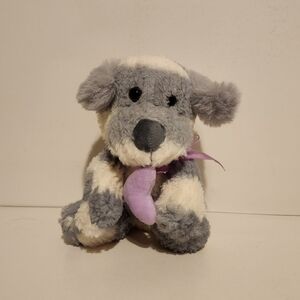 7” Patchwork Grey and White striped Puppy Purple Bow and heart Plush